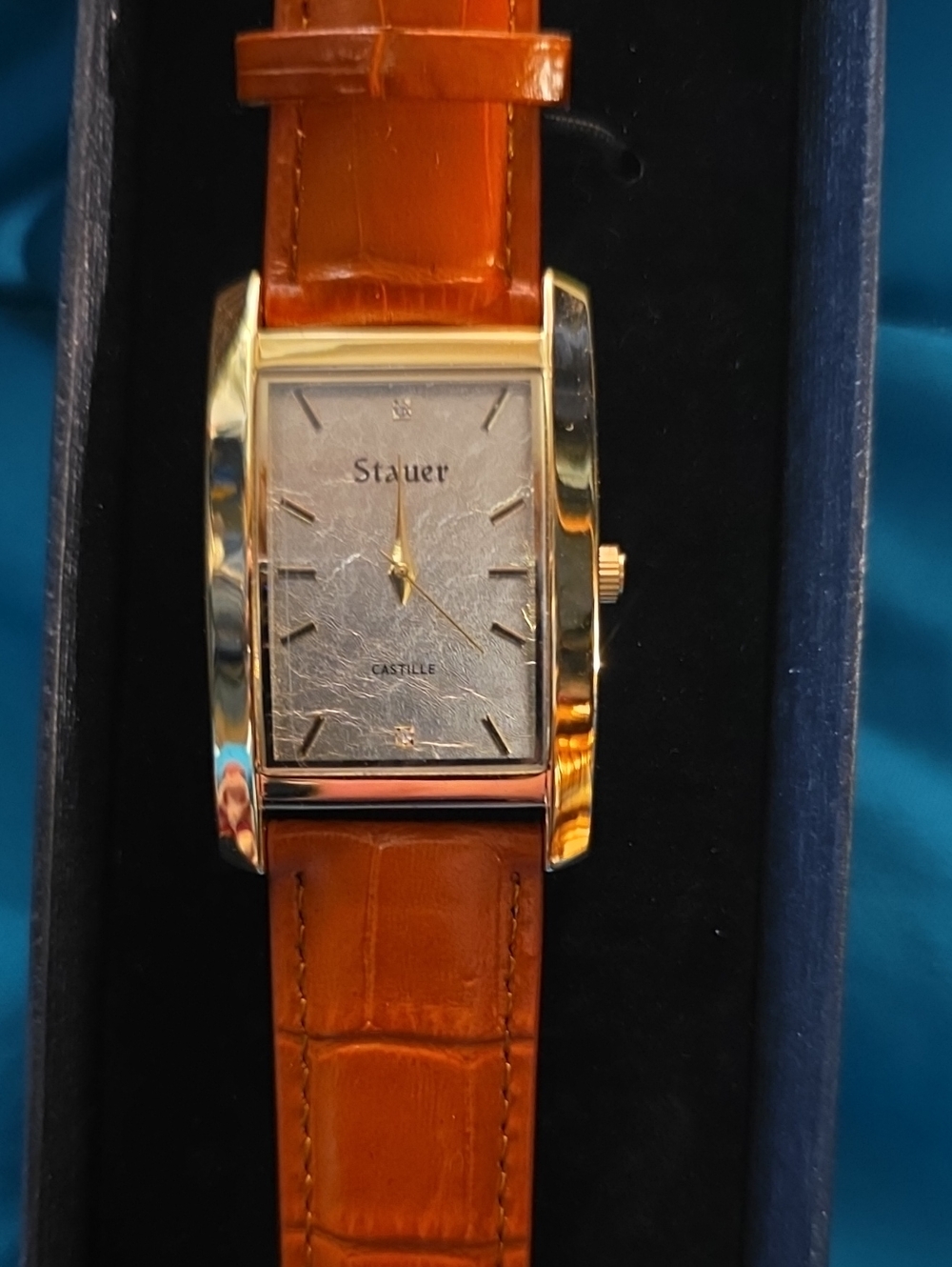 Stauer Castille Men's Gold-Tone Rectangular Watch with Brown Leather Strap
